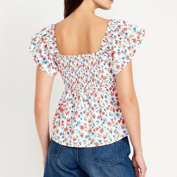 Old Navy Small Petite Blouse Shirt Short Sleeve Floral Ruffle Sleeve Top Crop SP - Picture 2 of 13